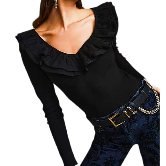 Dolan Left Coast Ruffled V-Neck Top Black M Ribbed Knit Feminine Ruffle Blouse - Picture 2 of 9